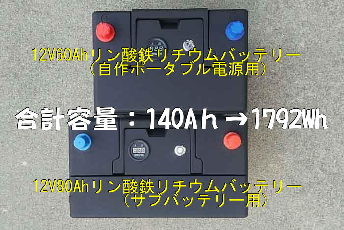 2つのリン酸鉄リチウムイオンバッテリー。サブバッテリー用と自作ポータブル電源用。