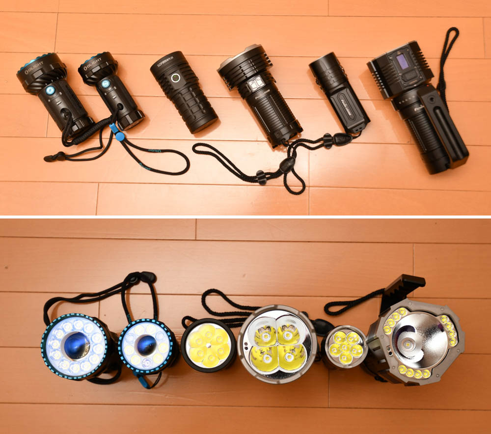 OLIGHT MARAUDER2（14000ルーメン）、MARAUDER MINI（7000ルーメン、RGBモードあり）、SOFIRN Q8Plus（16000ルーメン）、FENIX LR50R（12000ルーメン）、FENIX LR35R（10000ルーメン）、FENIX LR60R（21000ルーメン）。